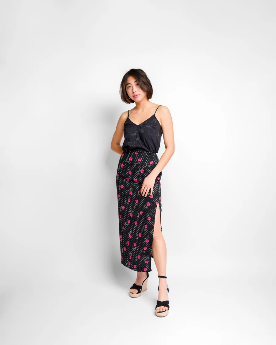 The garden skirt styled in Midnight floral