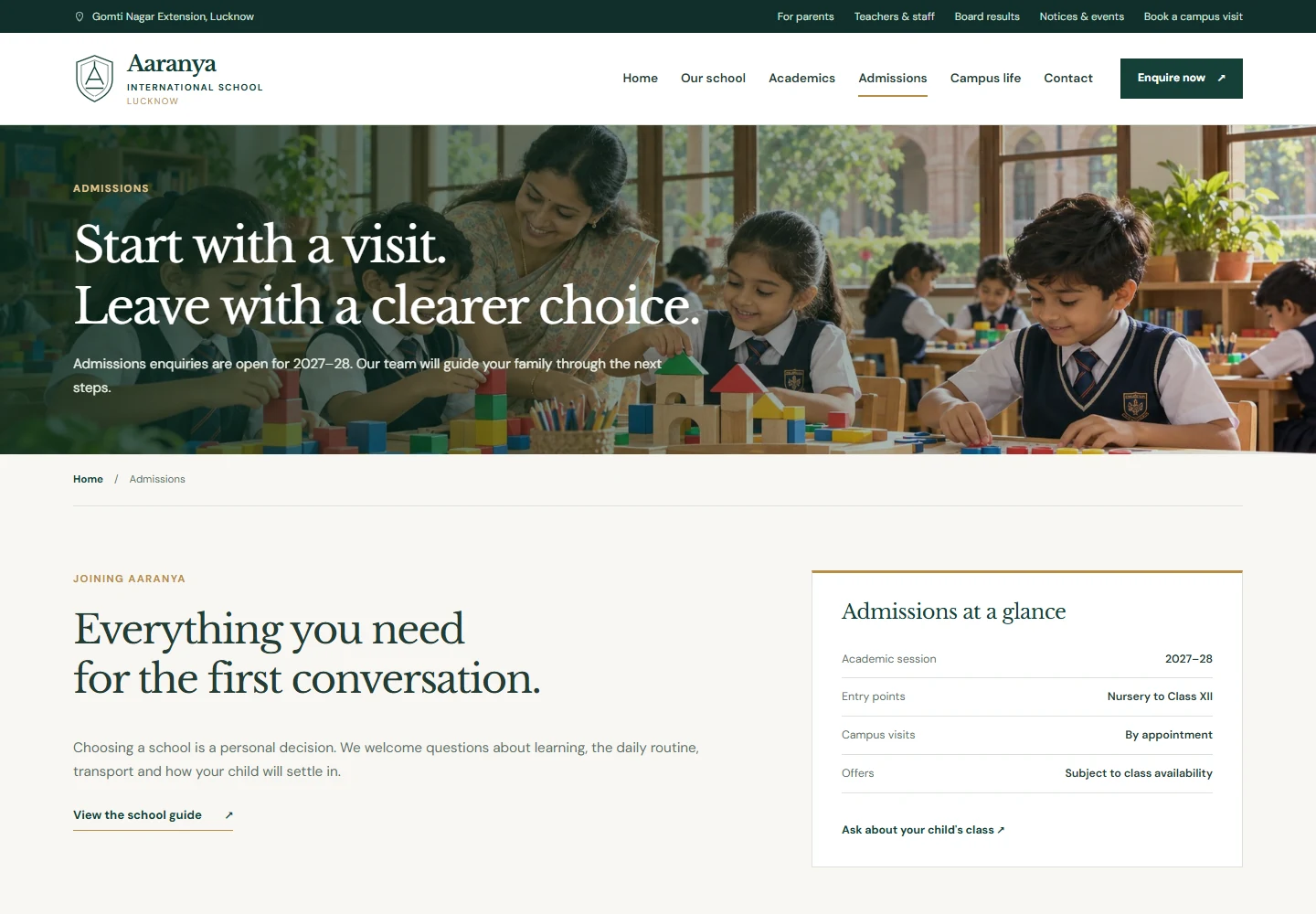 Aaranya’s admissions information page