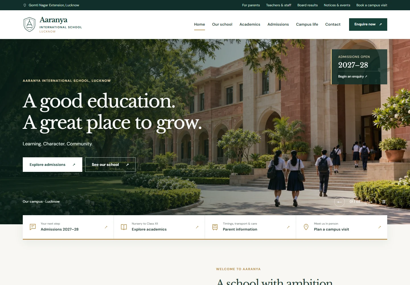 Aaranya International School’s genuine campus-led homepage