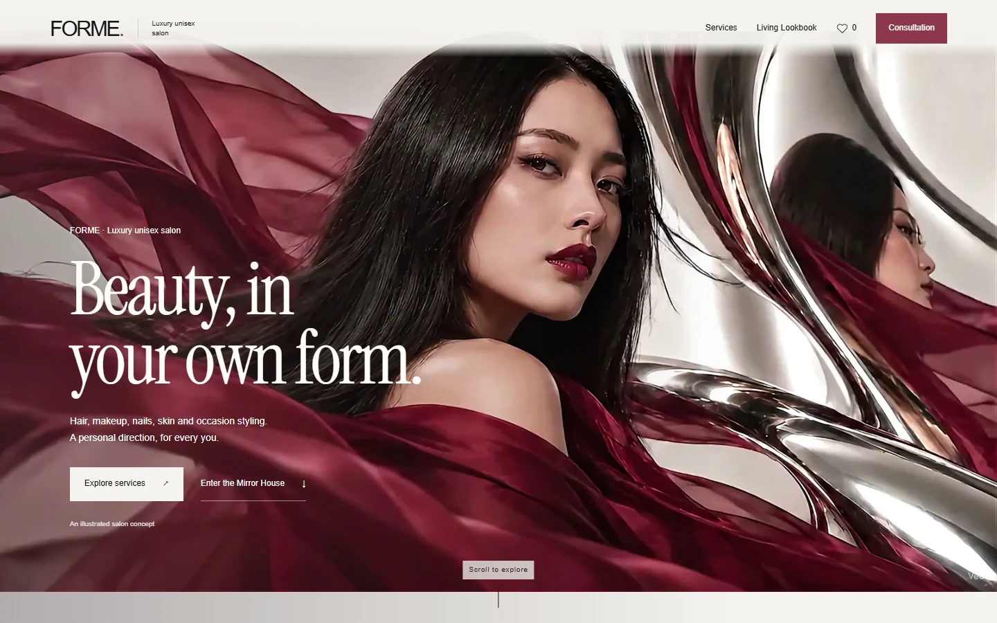 FORME salon opening with the model, berry silk and chrome mirror