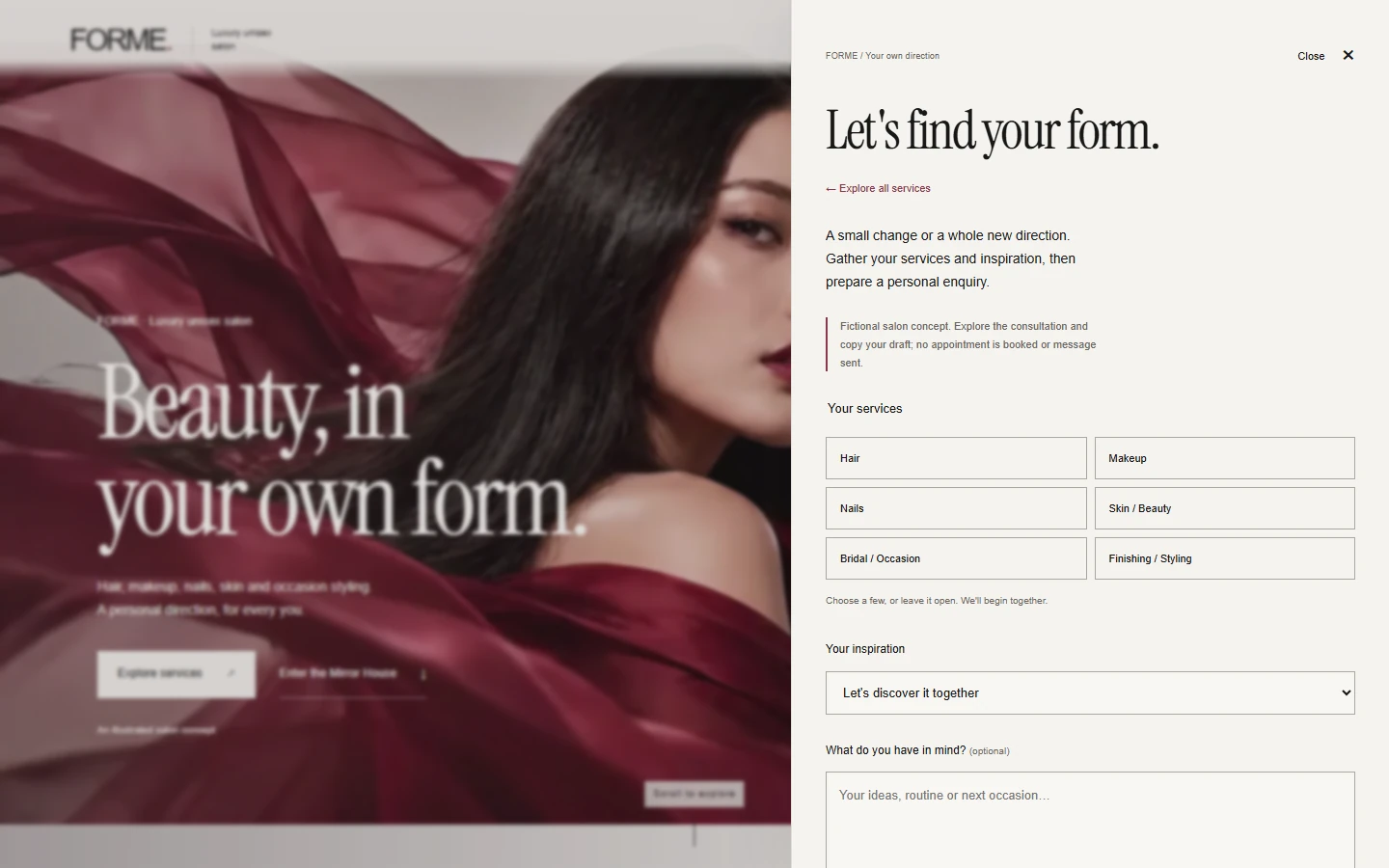 FORME consultation builder with service selection and an editable brief