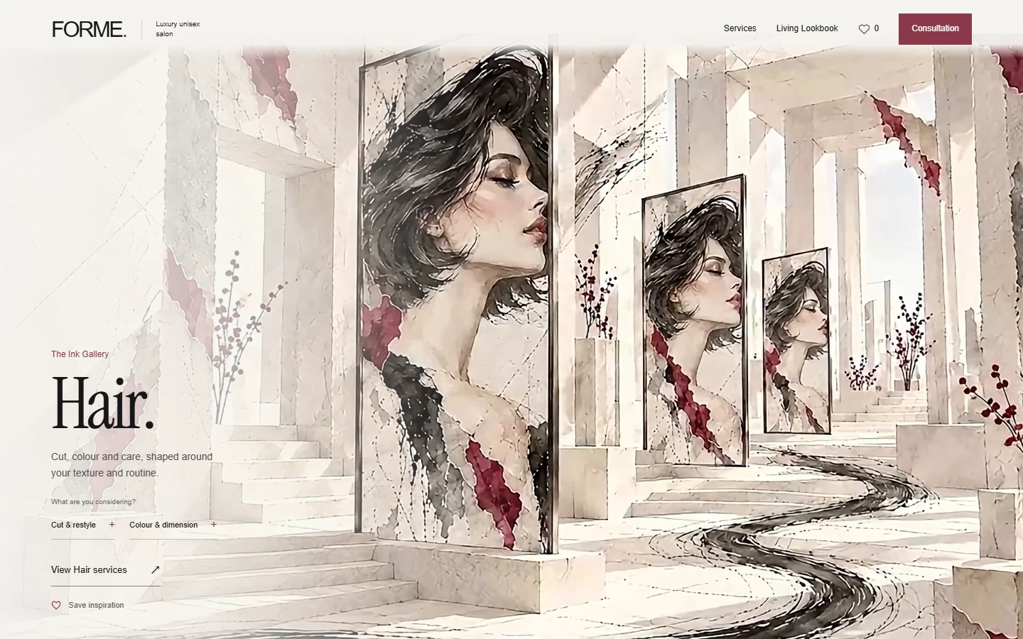FORME hair room with service choices and saved inspiration