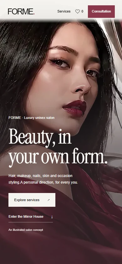 FORME salon homepage on a phone