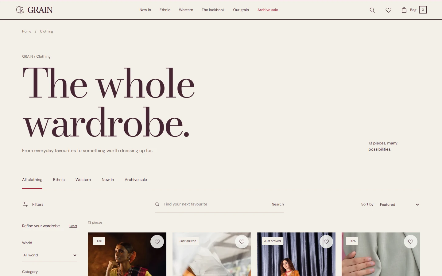 GRAIN searchable fashion catalogue with filters and product cards