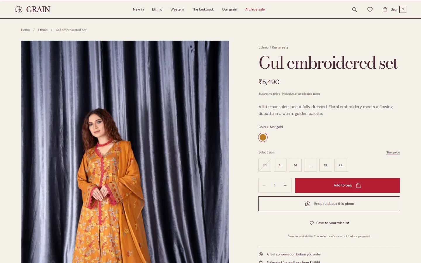 GRAIN Gul embroidered set product page with size and bag controls