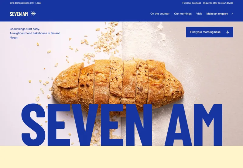 Seven AM bakery website with cobalt lettering and a golden sliced loaf