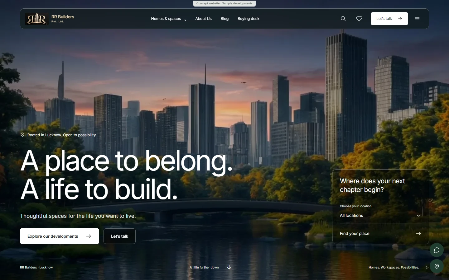 RR Builders homepage with the approved gold logo and skyline