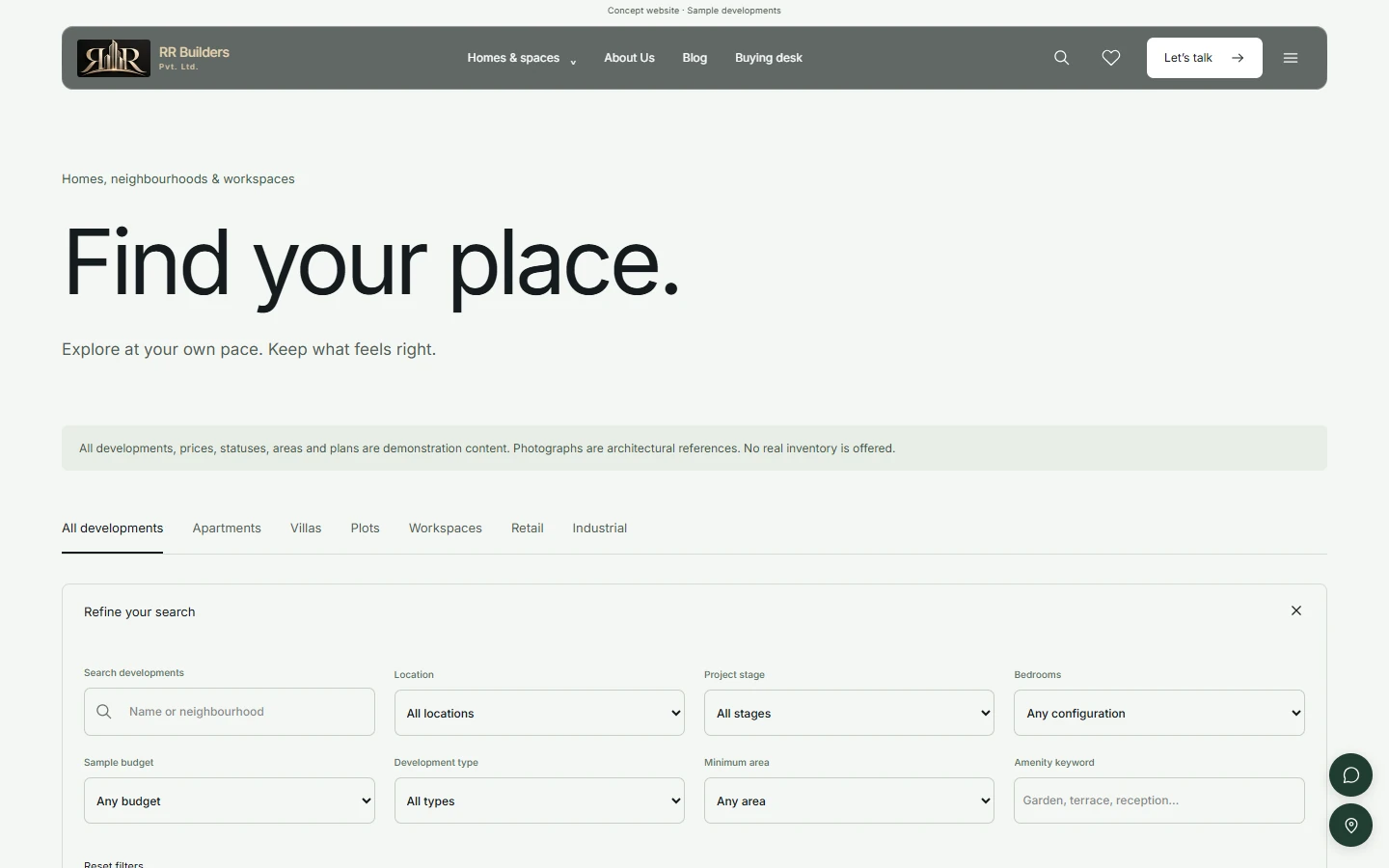 RR Builders development finder showing location, stage and configuration filters