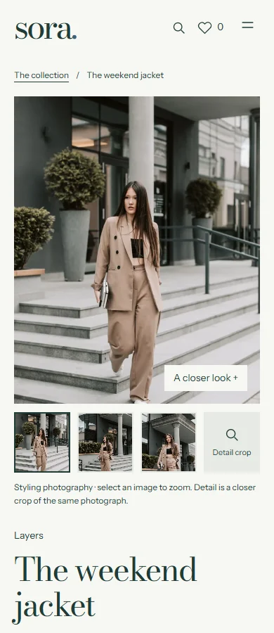 Actual Sora jacket page at a narrow phone viewport, with photograph, gallery and product heading