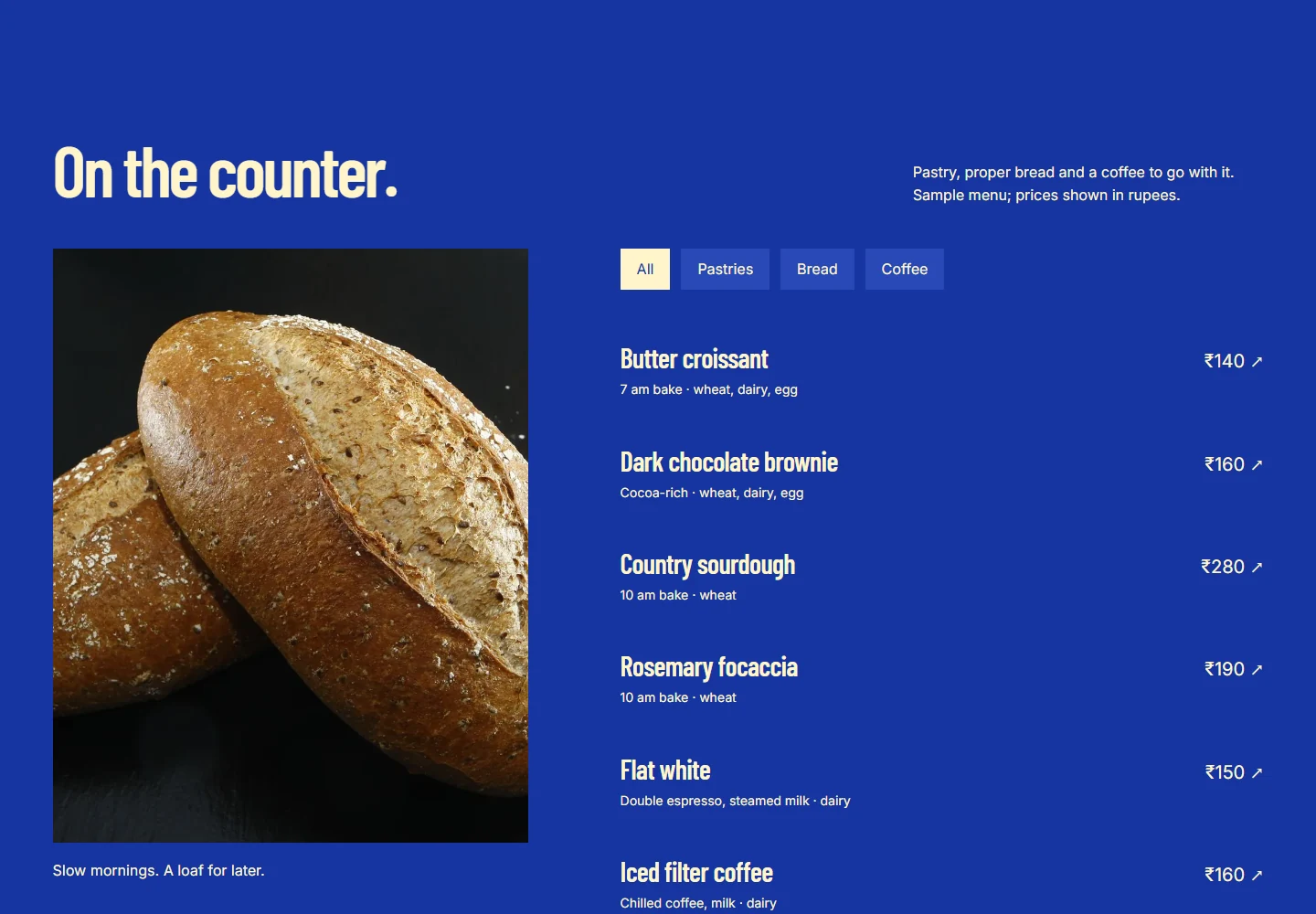 Seven AM filterable bakery menu with prices and ingredient notes