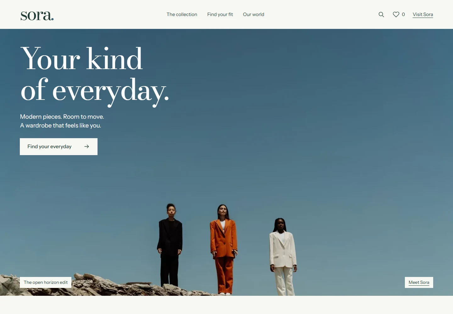 Sora fashion boutique with an open-sky campaign and refined editorial typography