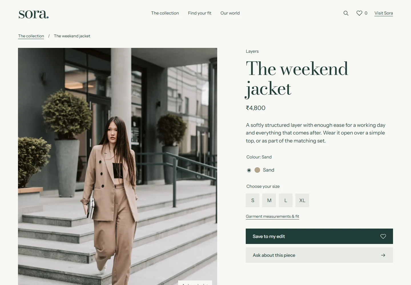Sora weekend jacket product page with gallery, price, sizes and fit details